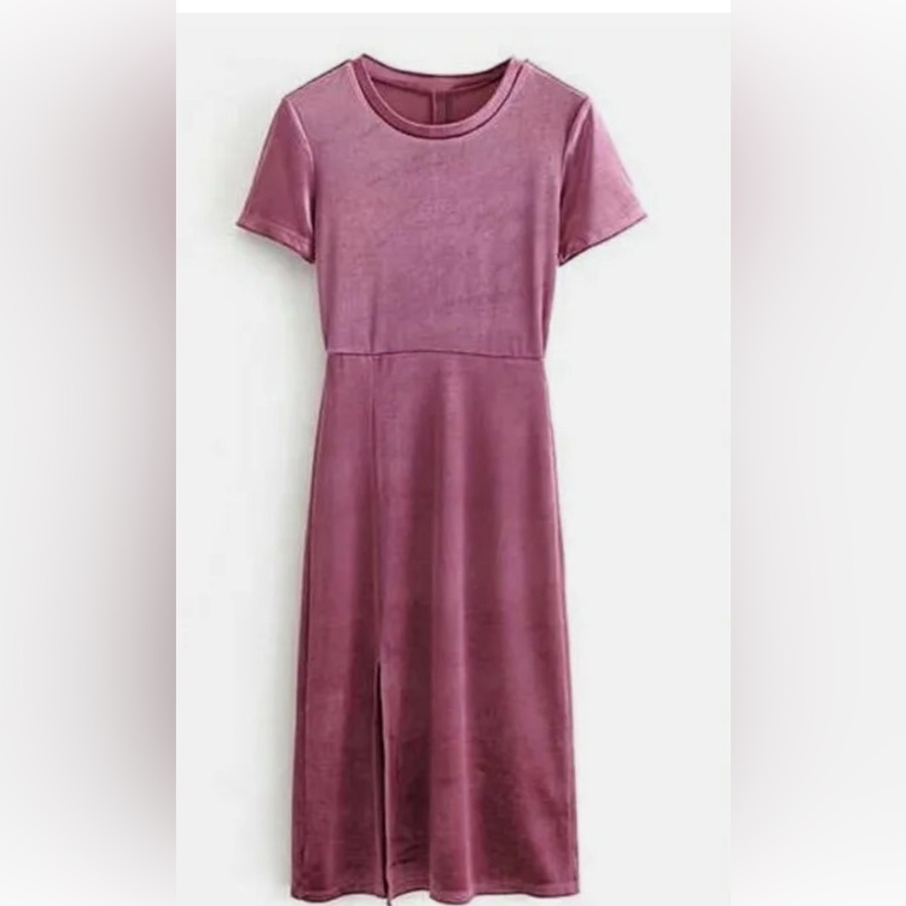 🔟 Zara Raspberry Velvet Bodycon Midi Dress Side Slit  Large - Picture 2 of 11